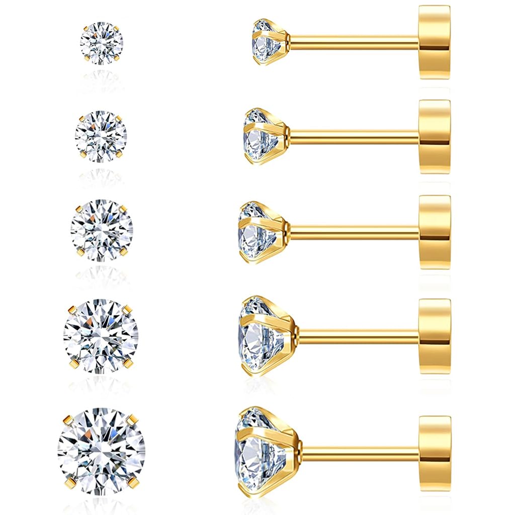 SANNIDHI 5 Pairs Earrings for Women Flat Back Gold Cartilage Stud Earrings Cubic Zirconia 316L Stainless Steel Earrings Hypoallergenic Nickel-Free Earrings - 3/4/5/6/8mm SANNIDHI 5 Pairs Earrings for Women Flat Back Gold Cartilage Stud Earrings Cubic Zirconia 316L Stainless Steel Earrings Hypoallergenic Nickel-Free Earrings - 3/4/5/6/8mm